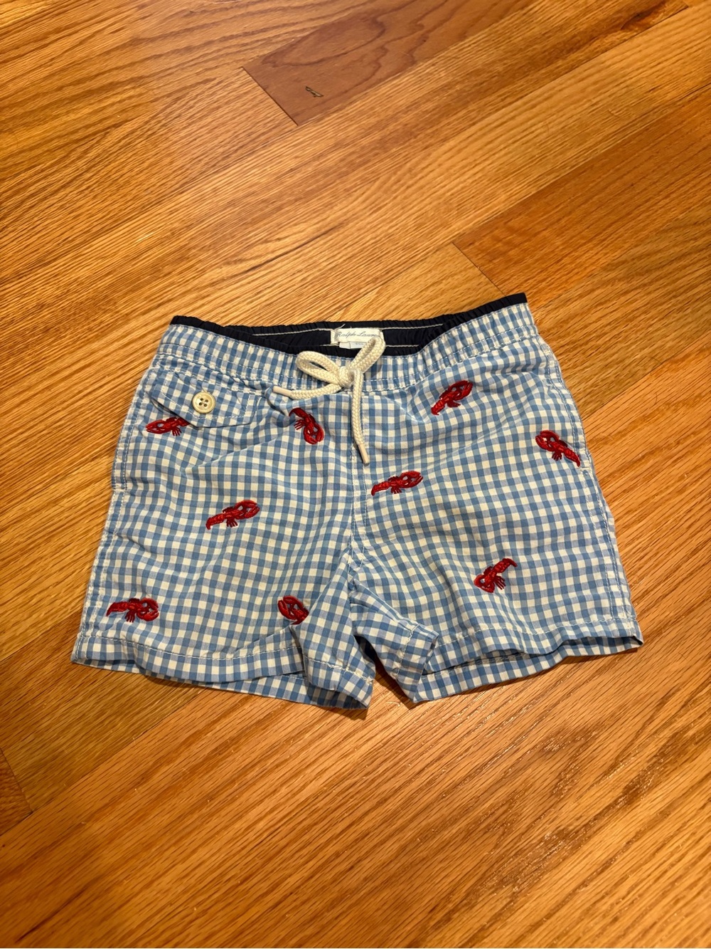 Ralph Lauren Toddler Classic Blue Gingham Swim Shorts with Red Lobster Embroider